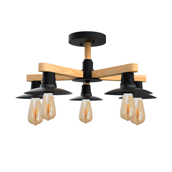 Εικόνα από Φωτιστικό Οροφής PHIL CEILING LAMP 5xE27 BLACK/WOOD 955PHIL5/BL elmark